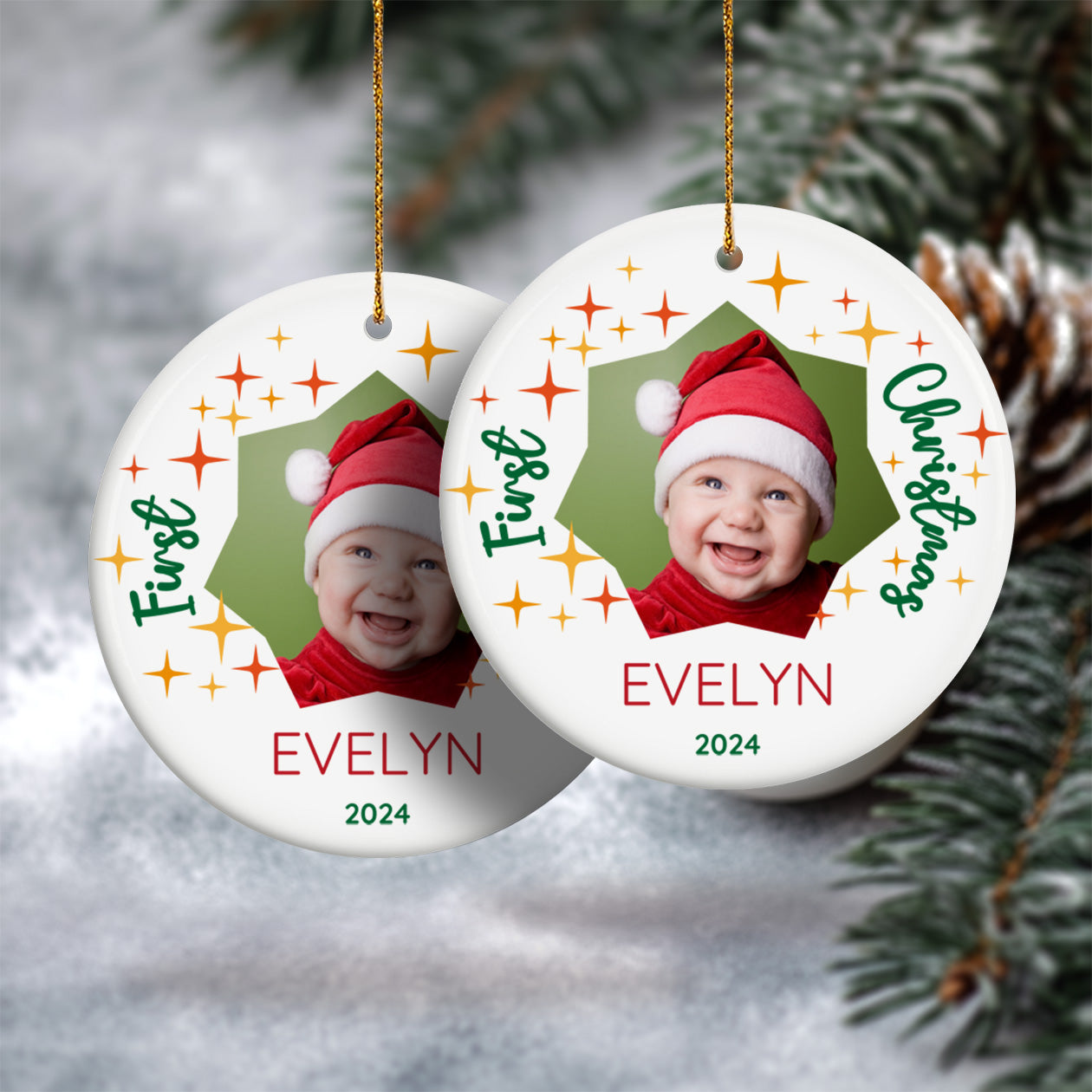 Baby Photo Ornament for First Christmas 4 - Personalized Circle Ceramic Ornament