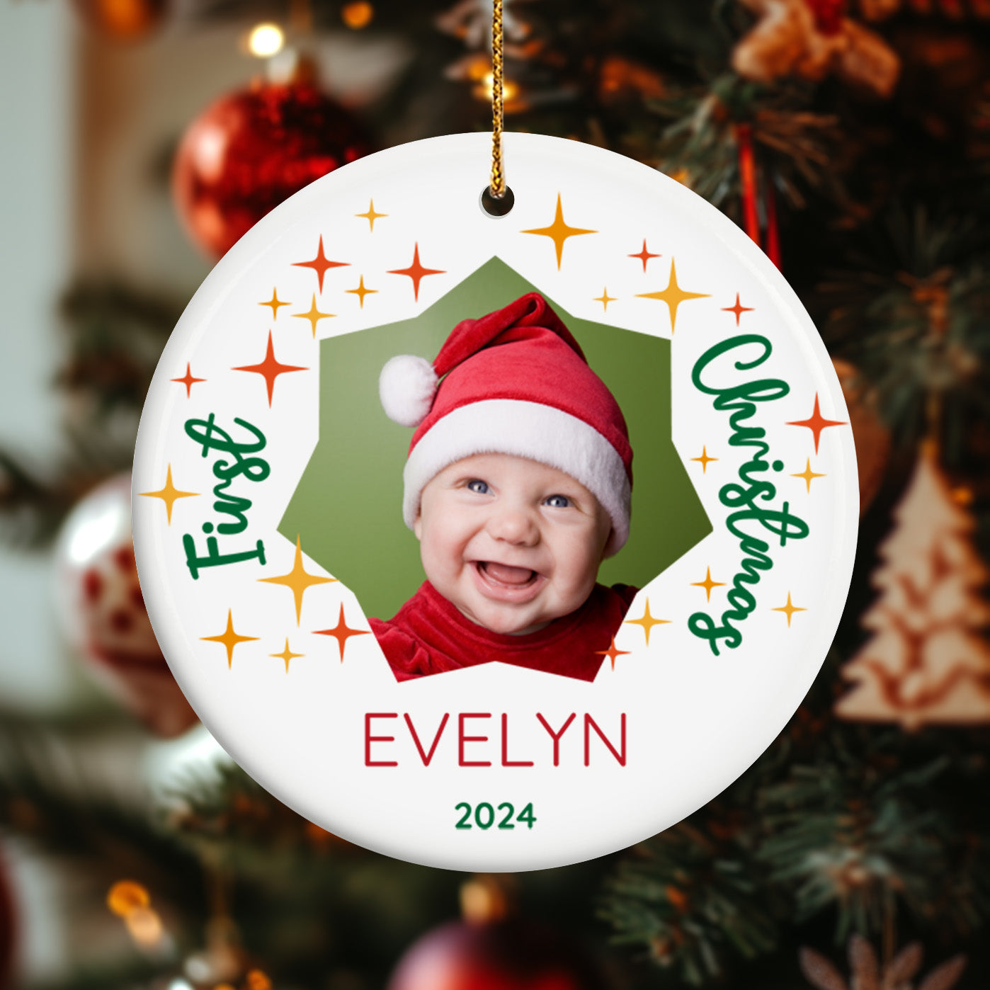 Baby Photo Ornament for First Christmas 4 - Personalized Circle Ceramic Ornament