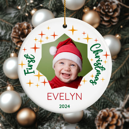 Baby Photo Ornament for First Christmas 4 - Personalized Circle Ceramic Ornament