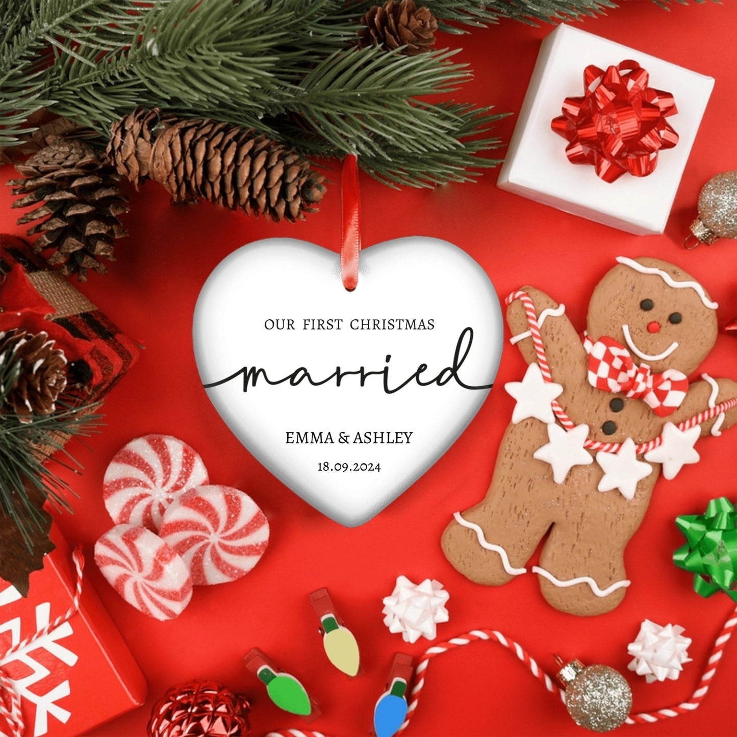 Our First Christmas Married  1 - Personalized Ceramic Heart Ornament