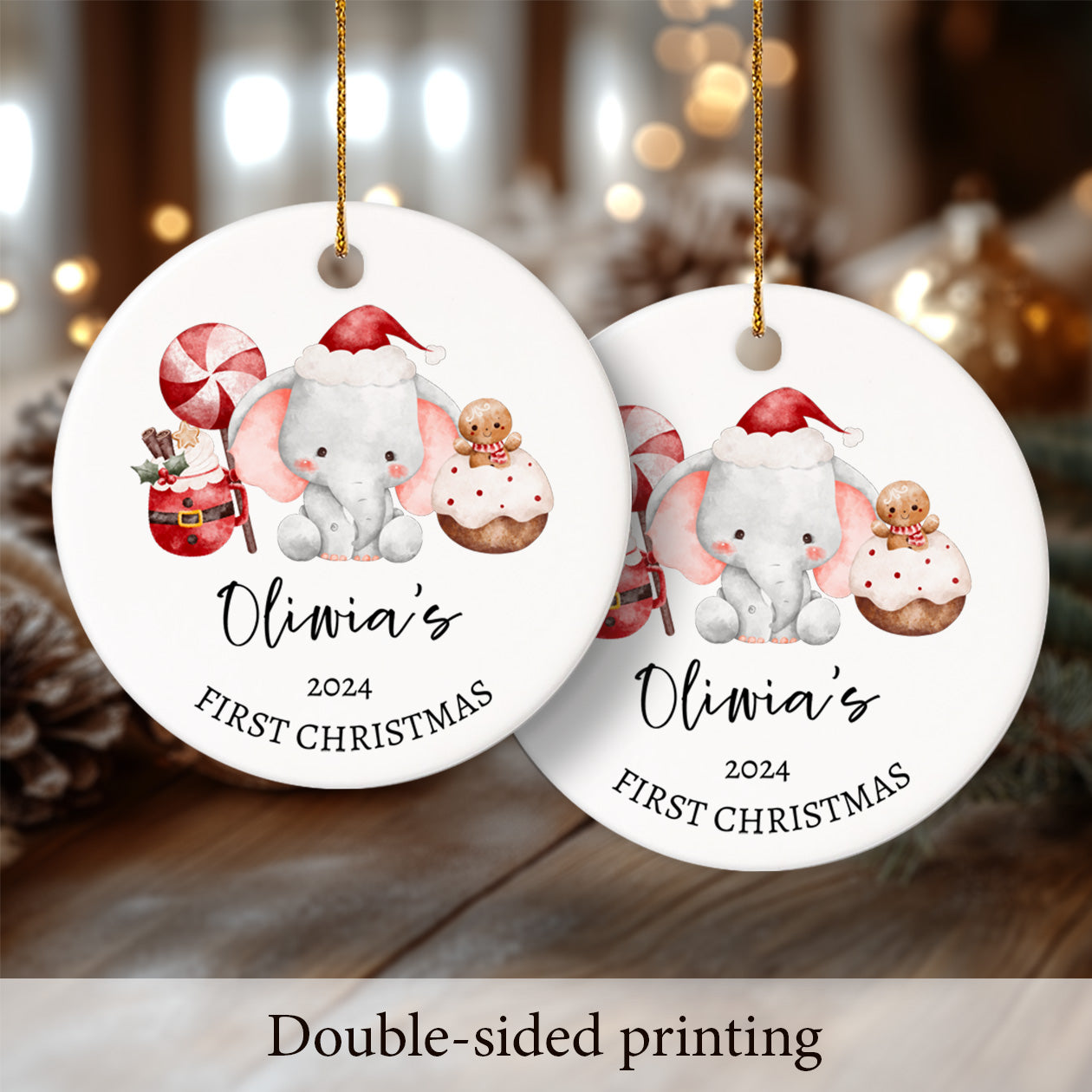 Baby's First Christmas Elephant 1 - Personalized Ceramic Circle Ornament