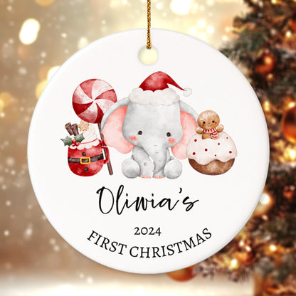 Baby's First Christmas Elephant 1 - Personalized Ceramic Circle Ornament