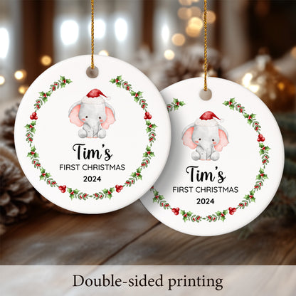 Baby's First Christmas Elephant 6 - Personalized Ceramic Circle Ornament