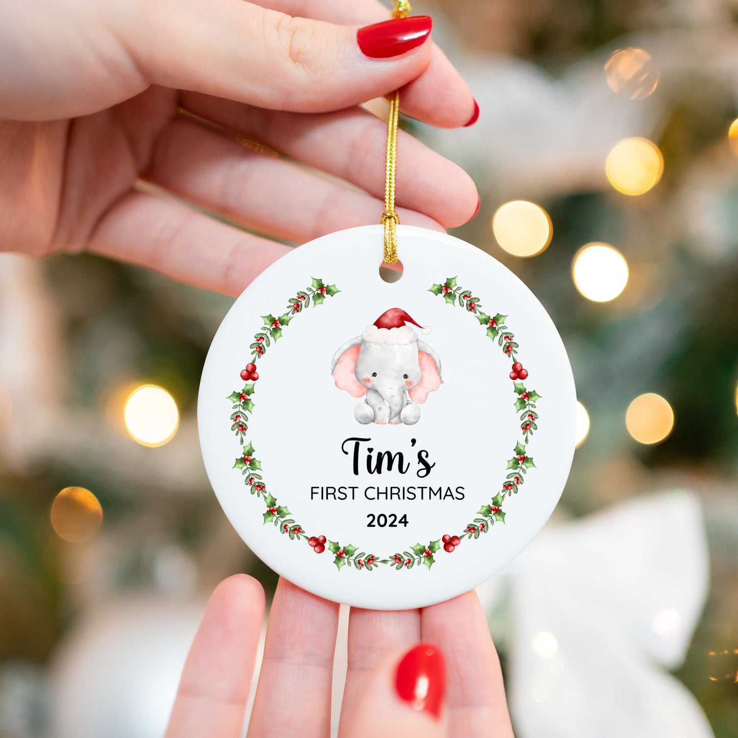 Baby's First Christmas Elephant 6 - Personalized Ceramic Circle Ornament