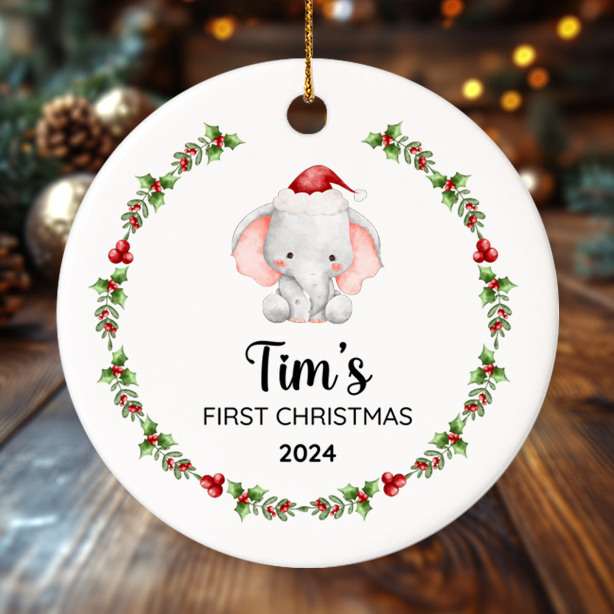 Baby's First Christmas Elephant 6 - Personalized Ceramic Circle Ornament