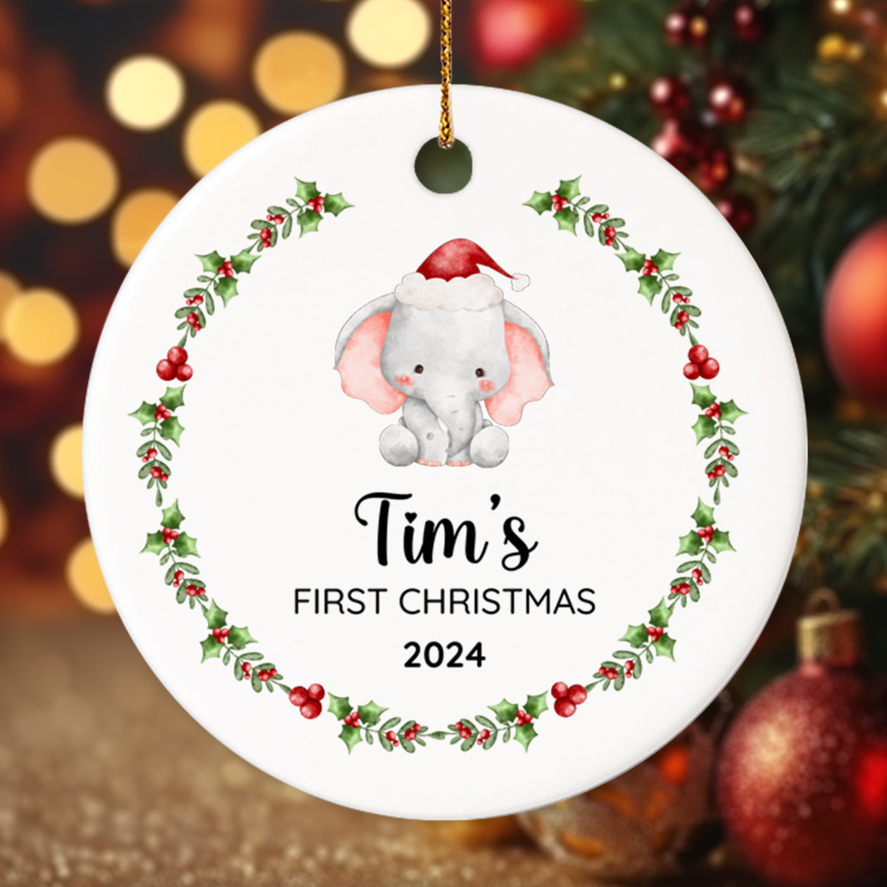 Baby's First Christmas Elephant 6 - Personalized Ceramic Circle Ornament