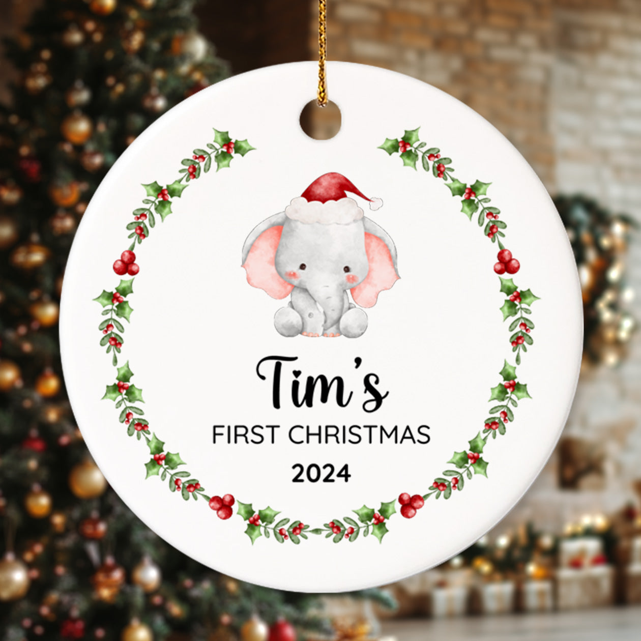 Baby's First Christmas Elephant 6 - Personalized Ceramic Circle Ornament