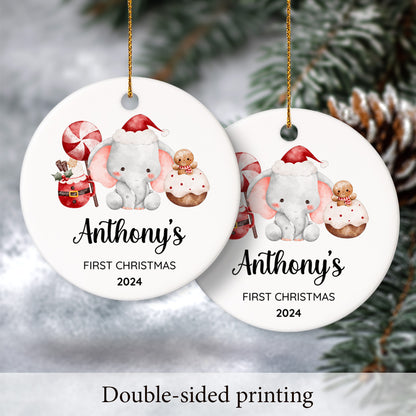 Baby's First Christmas Elephant 2 - Personalized Ceramic Circle Ornament