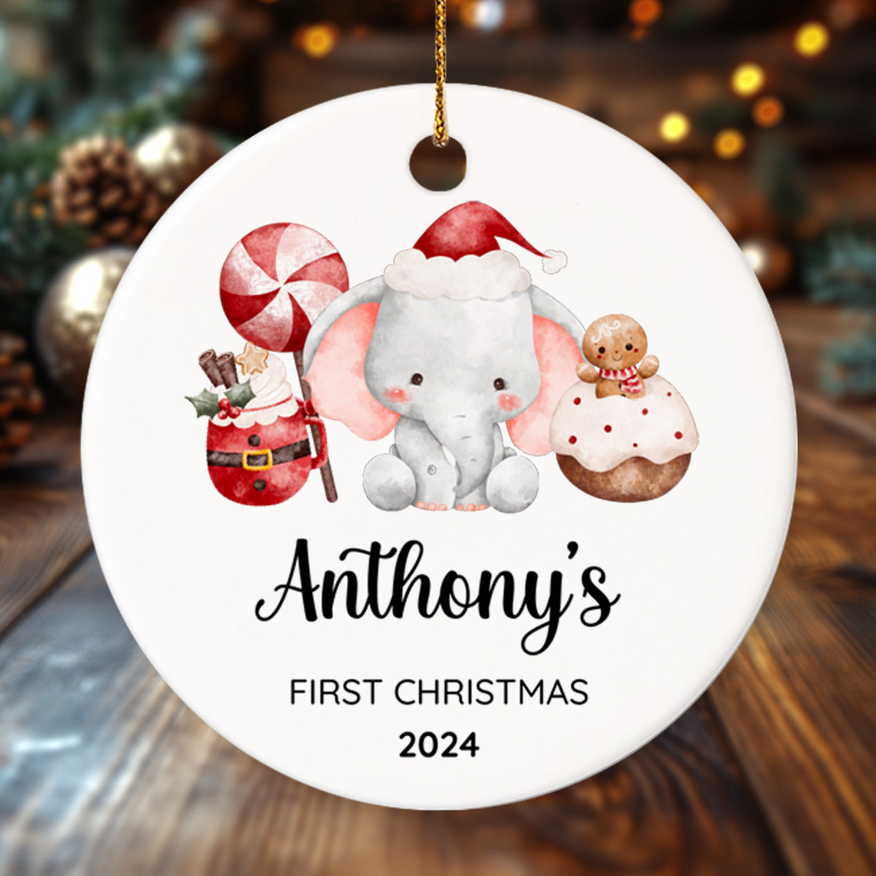 Baby's First Christmas Elephant 2 - Personalized Ceramic Circle Ornament