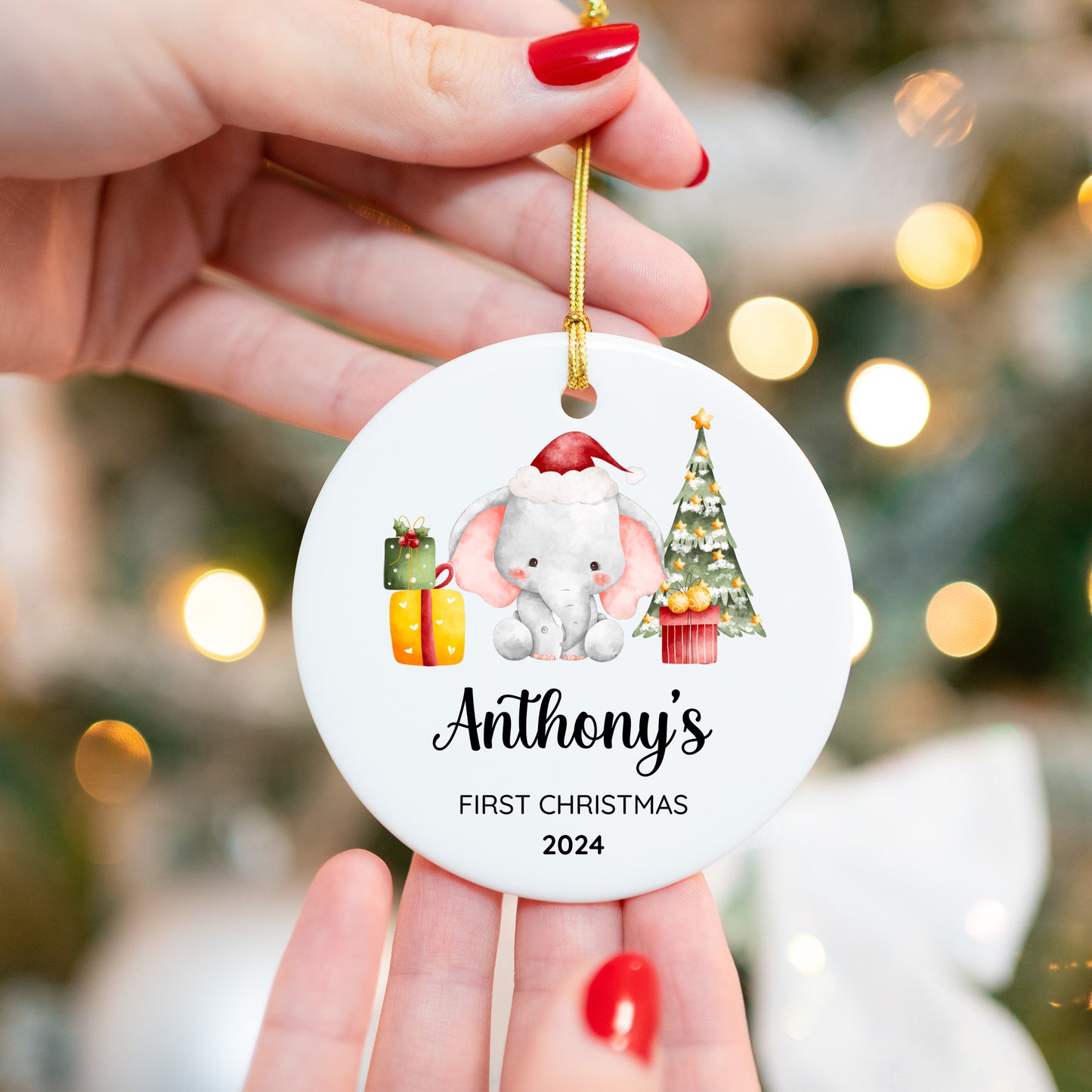 Baby's First Christmas Elephant 2 - Personalized Ceramic Circle Ornament