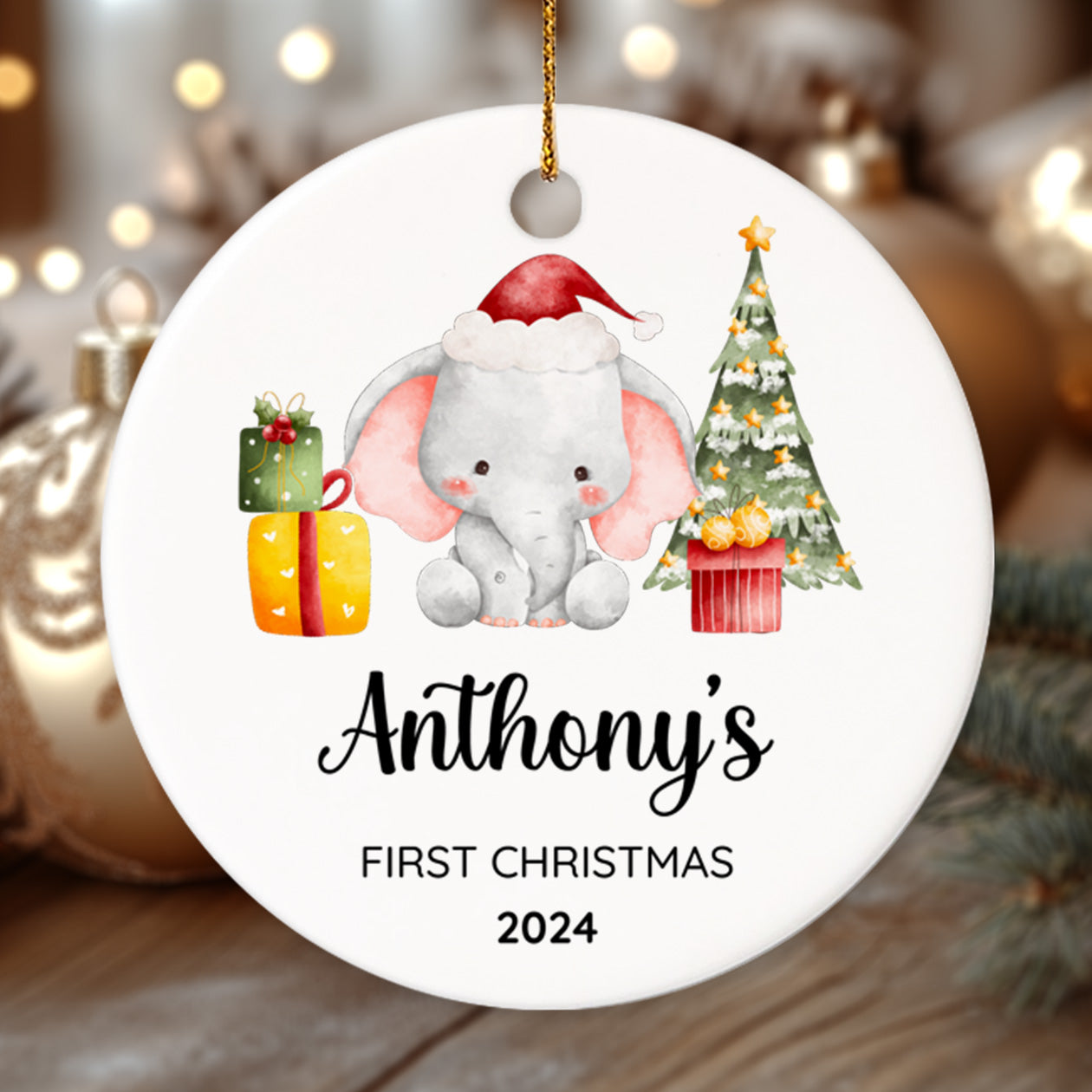 Baby's First Christmas Elephant 2 - Personalized Ceramic Circle Ornament