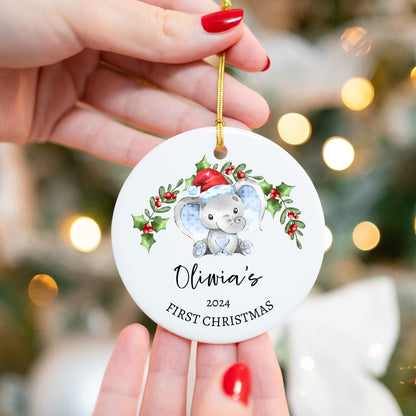 Baby's First Christmas Elephant 1 - Personalized Ceramic Circle Ornament