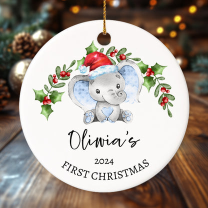 Baby's First Christmas Elephant 1 - Personalized Ceramic Circle Ornament