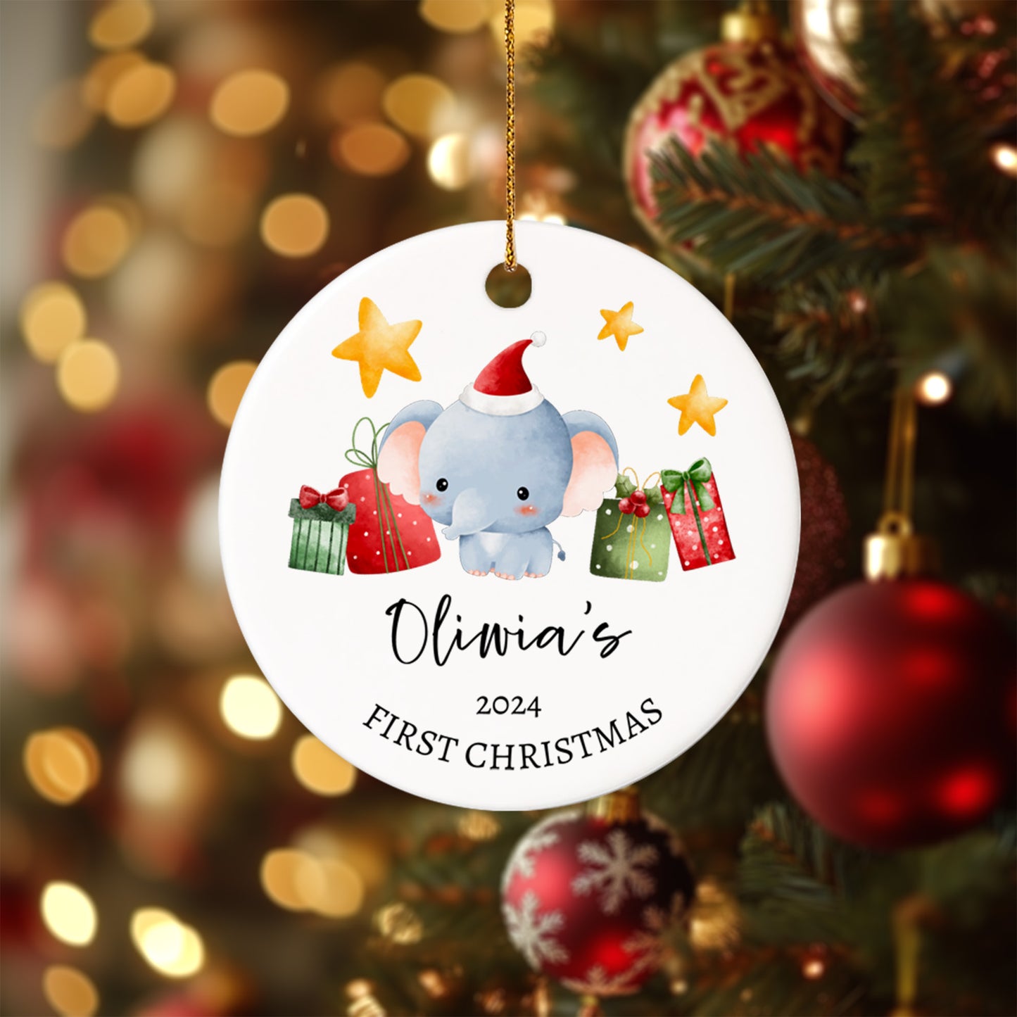 Baby's First Christmas Elephant 1 - Personalized Ceramic Circle Ornament