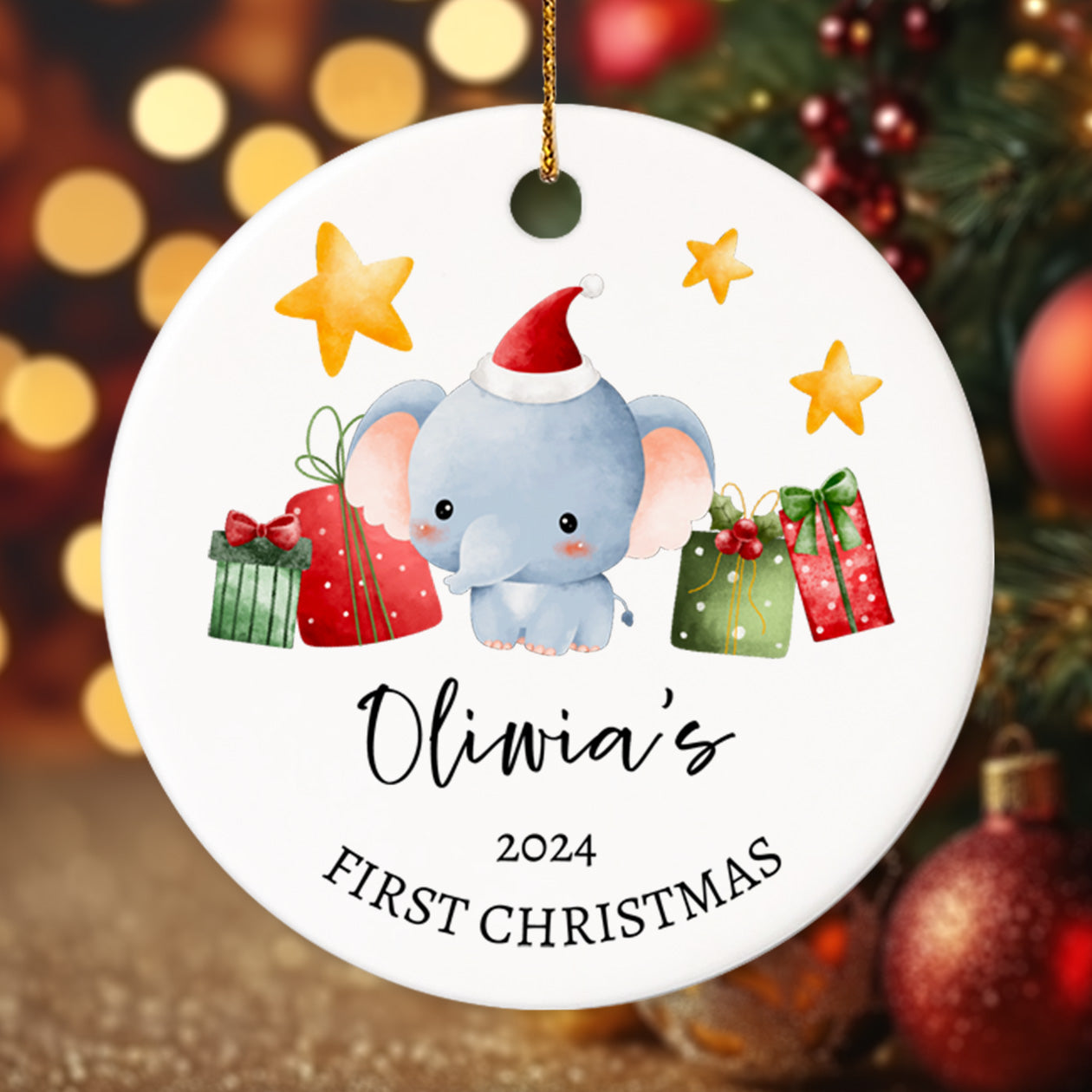 Baby's First Christmas Elephant 1 - Personalized Ceramic Circle Ornament