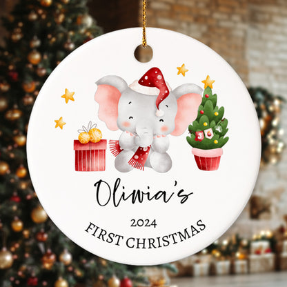 Baby's First Christmas Elephant 1 - Personalized Ceramic Circle Ornament