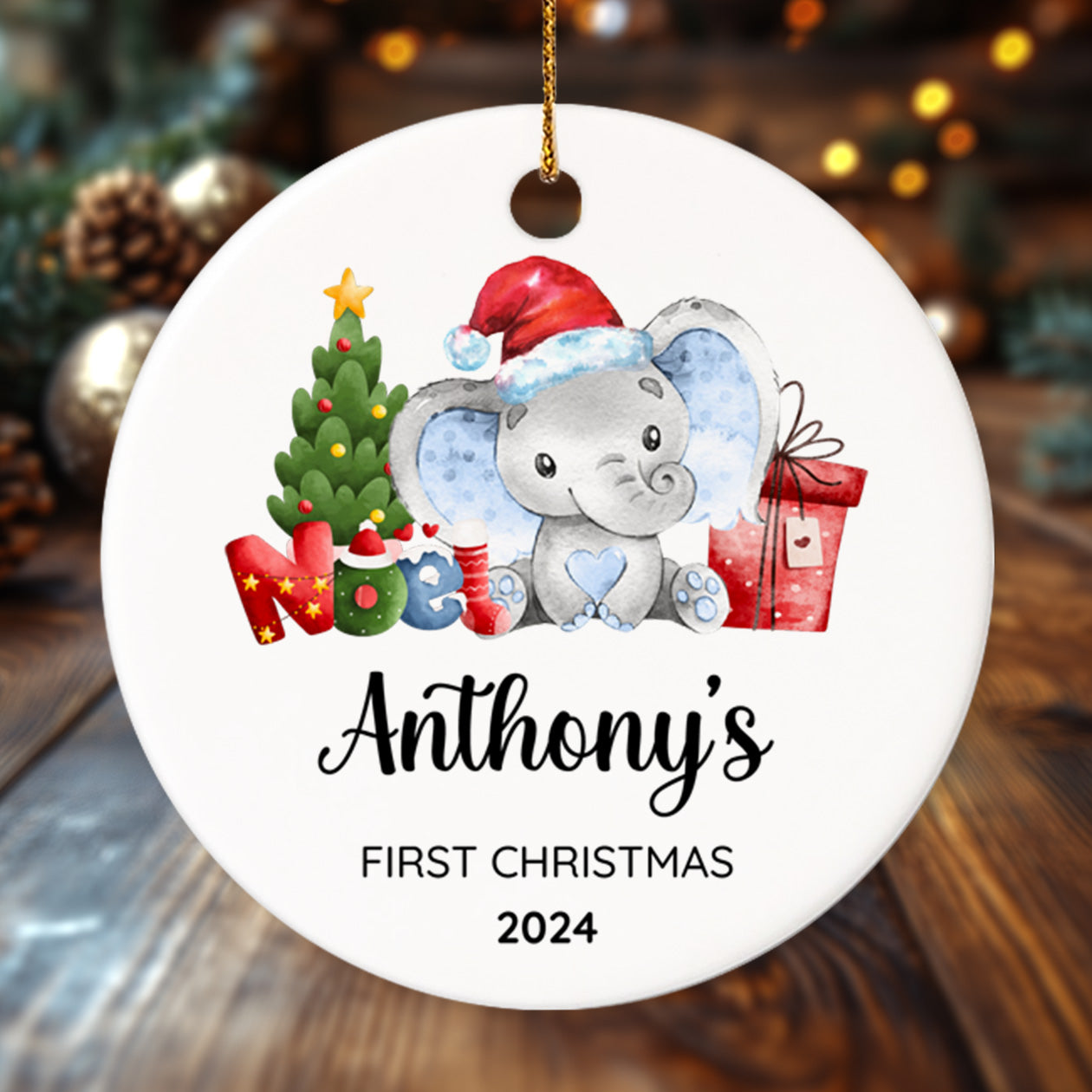 Baby's First Christmas Elephant 2 - Personalized Ceramic Circle Ornament