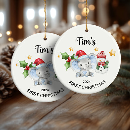 Baby's First Christmas Elephant 5 - Personalized Ceramic Circle Ornament