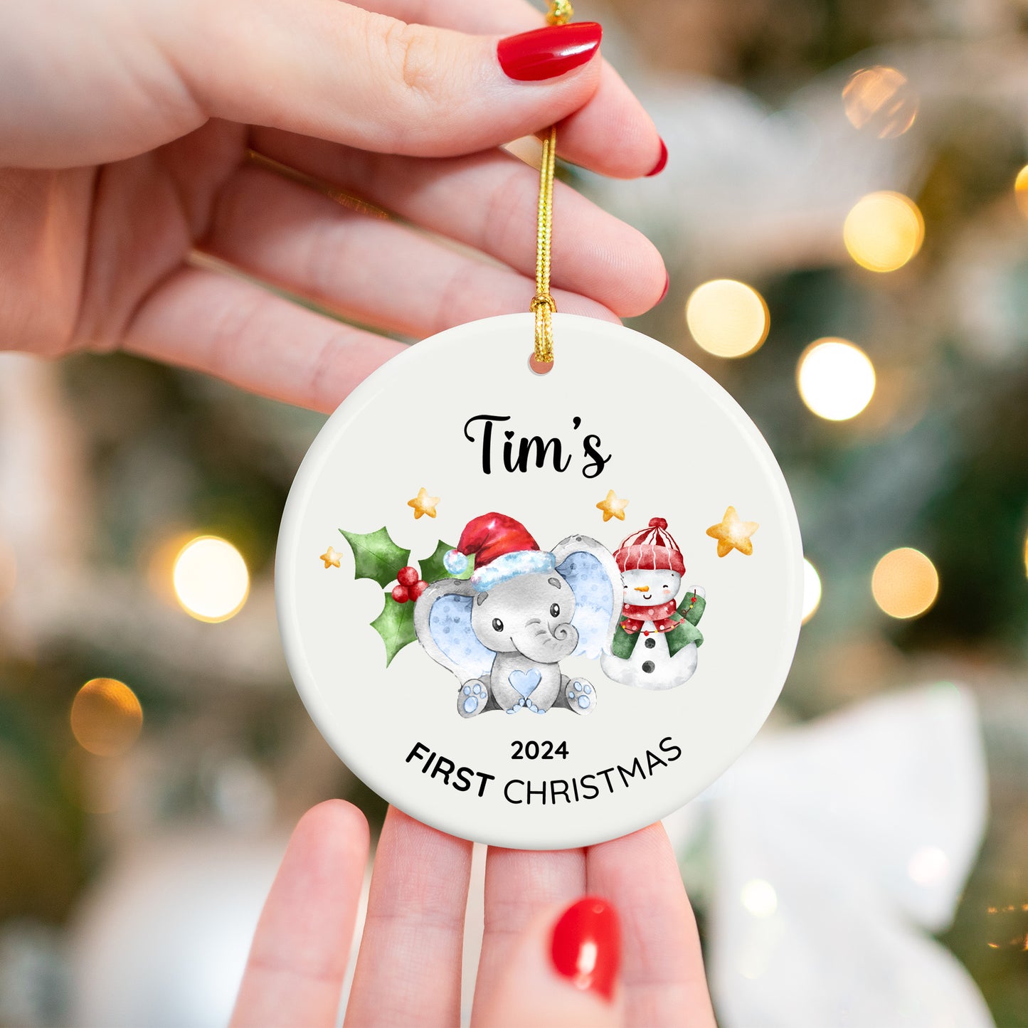 Baby's First Christmas Elephant 5 - Personalized Ceramic Circle Ornament