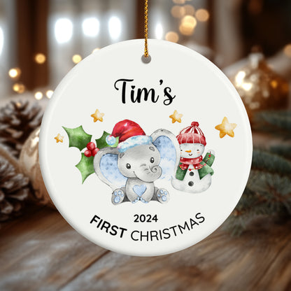 Baby's First Christmas Elephant 5 - Personalized Ceramic Circle Ornament