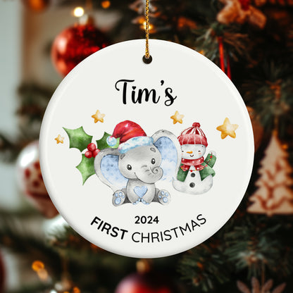 Baby's First Christmas Elephant 5 - Personalized Ceramic Circle Ornament