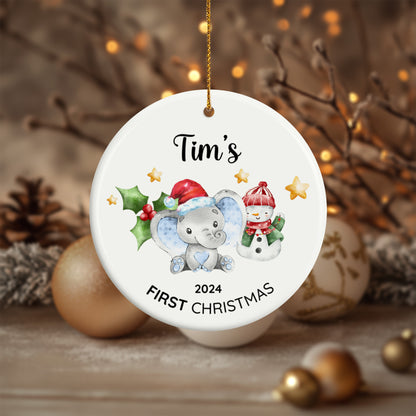 Baby's First Christmas Elephant 5 - Personalized Ceramic Circle Ornament