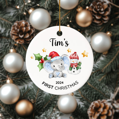 Baby's First Christmas Elephant 5 - Personalized Ceramic Circle Ornament