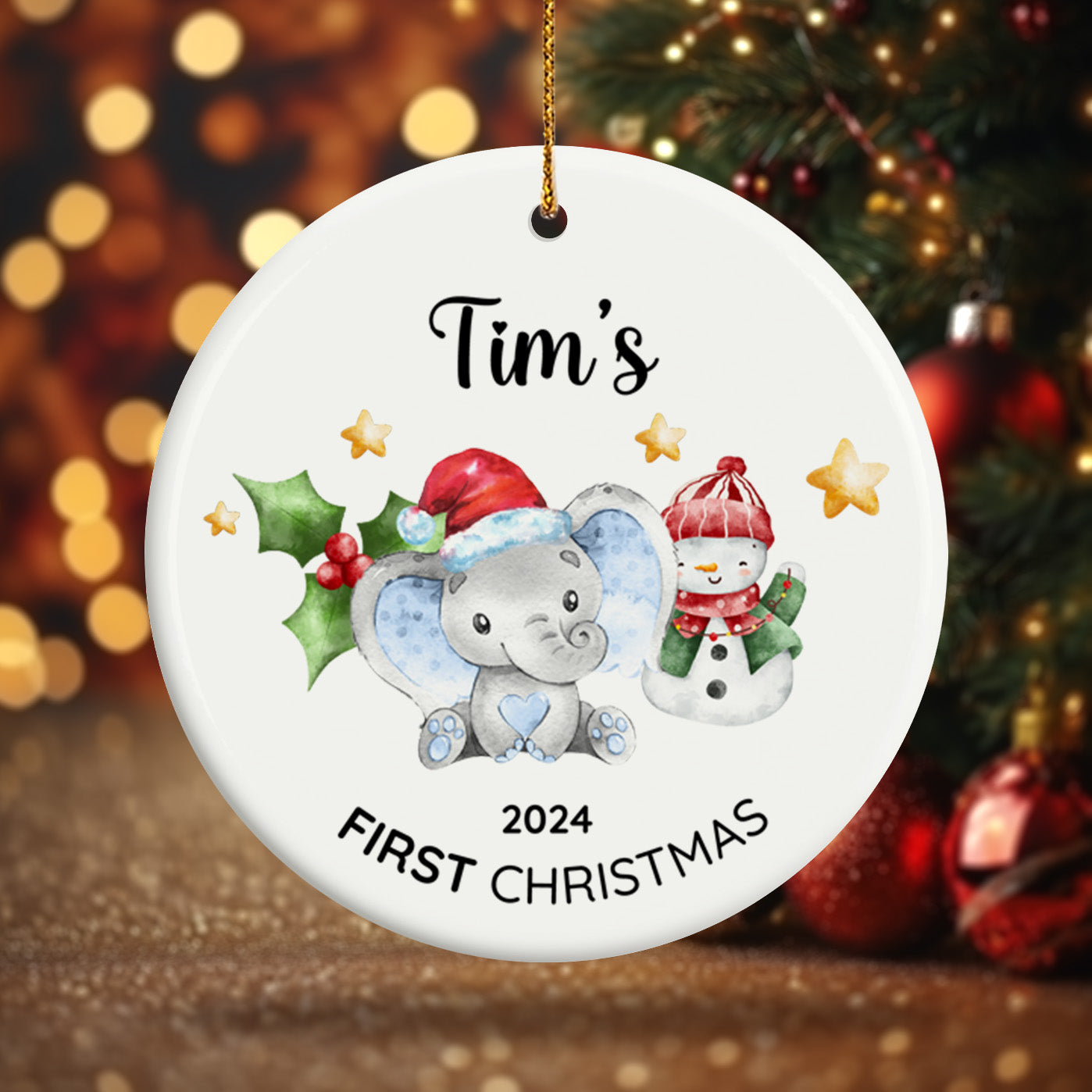 Baby's First Christmas Elephant 5 - Personalized Ceramic Circle Ornament