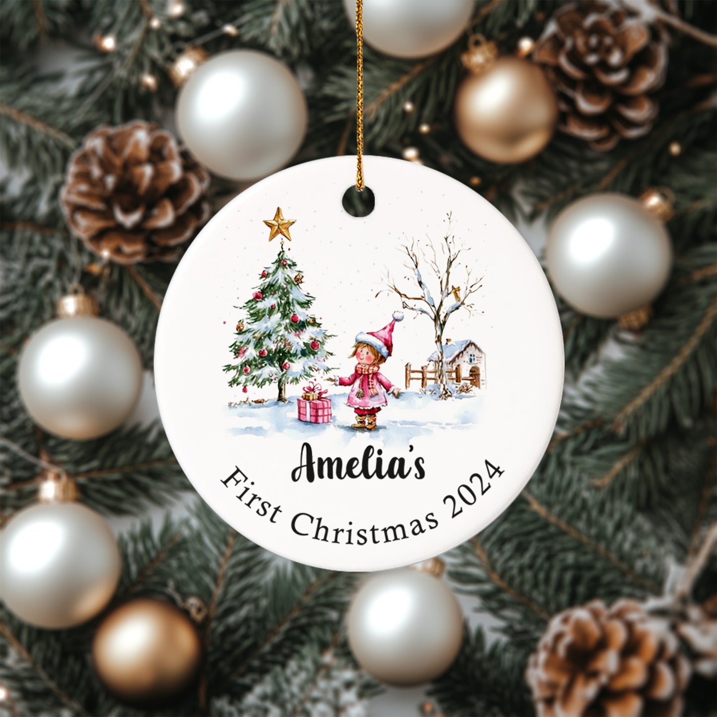 Baby's First Christmas 4 - Personalized Ceramic Circle Ornament