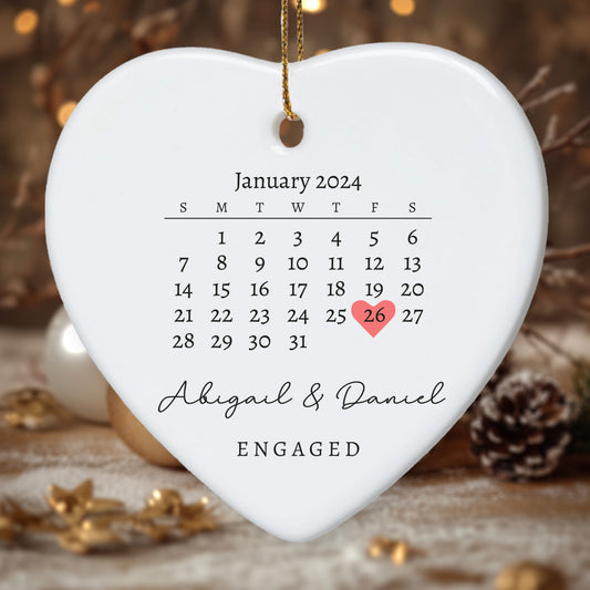 Engagement Announcement Personalized Calendar with Names -  Personalized Ceramic Heart Ornament