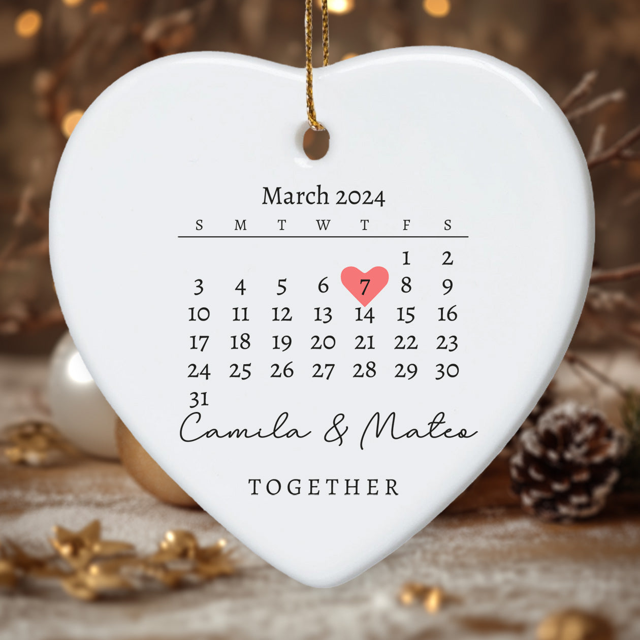 Together Announcement Personalized Calendar with Names - Personalized Ceramic Heart Ornament