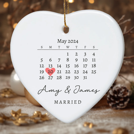 Married Announcement Personalized Calendar with Names - Personalized Ceramic Heart Ornament