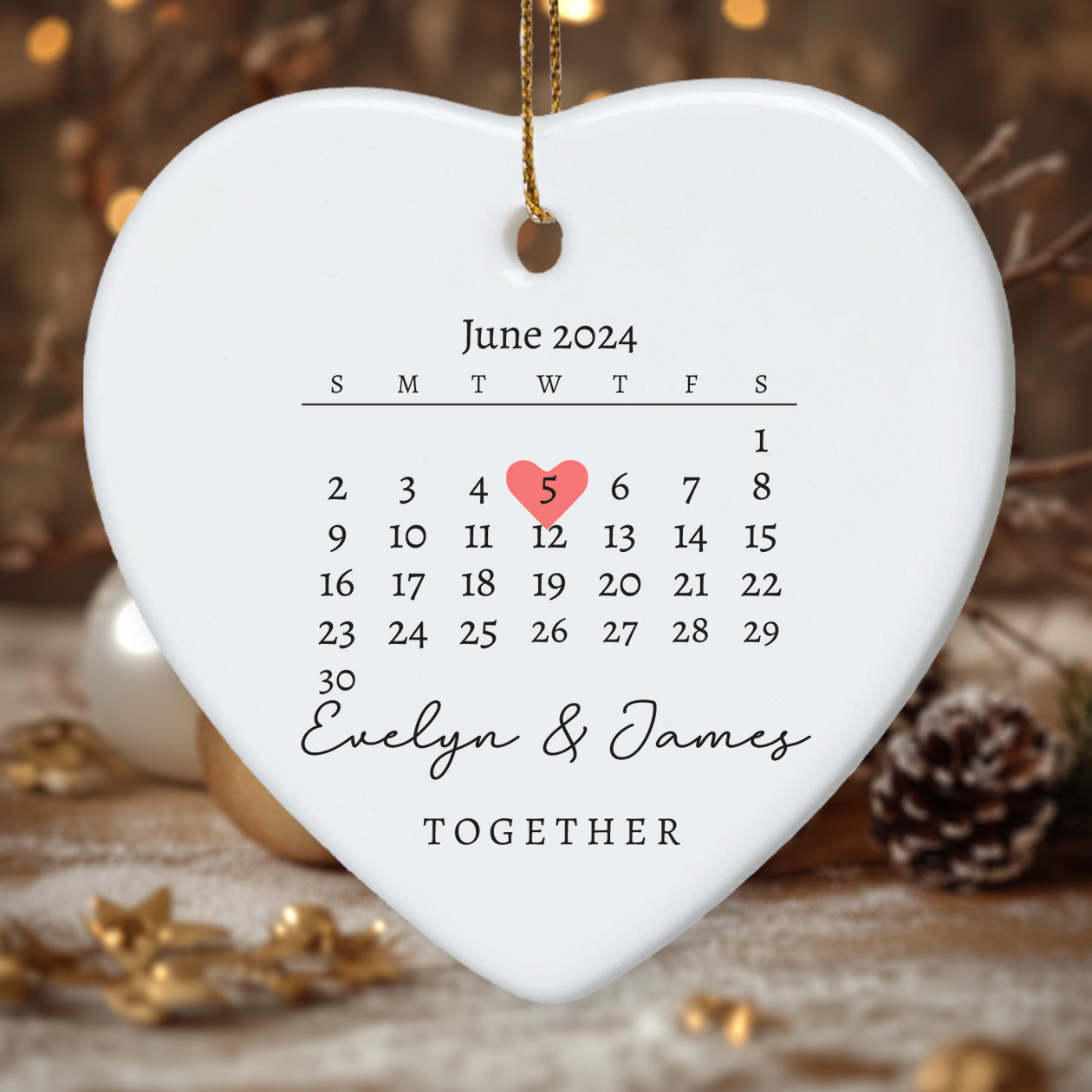 Together Announcement Personalized Calendar with Names - Personalized Ceramic Heart Ornament