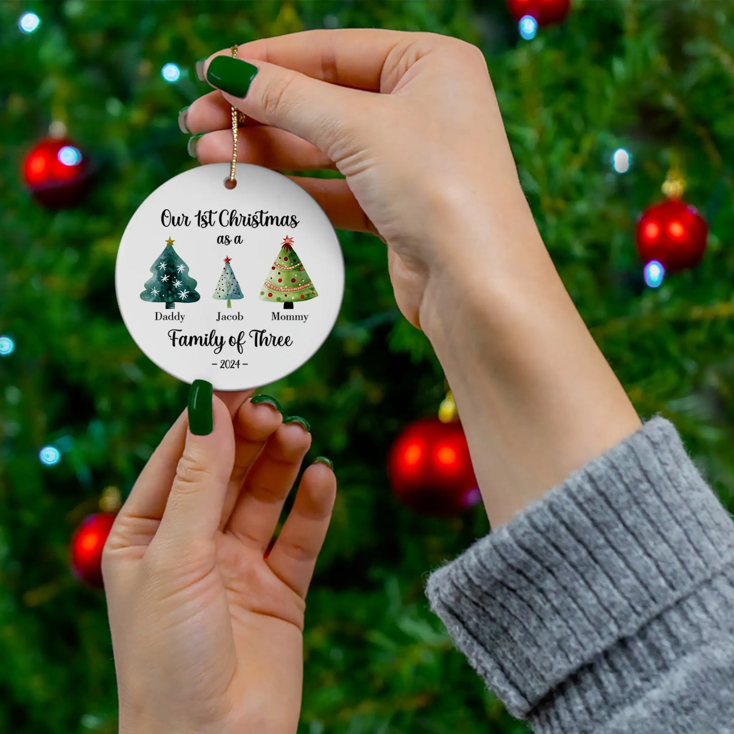 Our First Christmas as a Family of Three 3 - Personalized Ceramic Circle Ornament