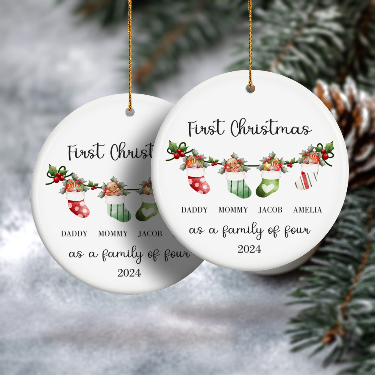 First Christmas as a Family of Four, Christmas Socks 2 - Personalized Ceramic Circle Ornament