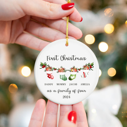 First Christmas as a Family of Four, Christmas Socks 2 - Personalized Ceramic Circle Ornament