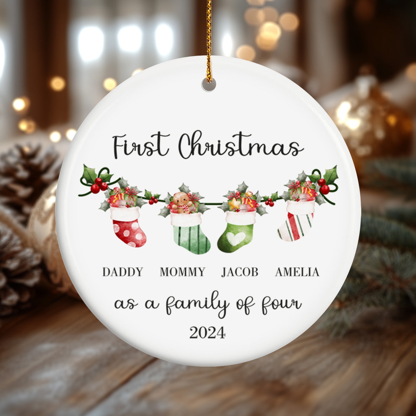 First Christmas as a Family of Four, Christmas Socks 2 - Personalized Ceramic Circle Ornament