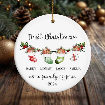 First Christmas as a Family of Four, Christmas Socks 2 - Personalized Ceramic Circle Ornament