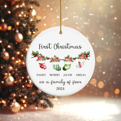 First Christmas as a Family of Four, Christmas Socks 2 - Personalized Ceramic Circle Ornament