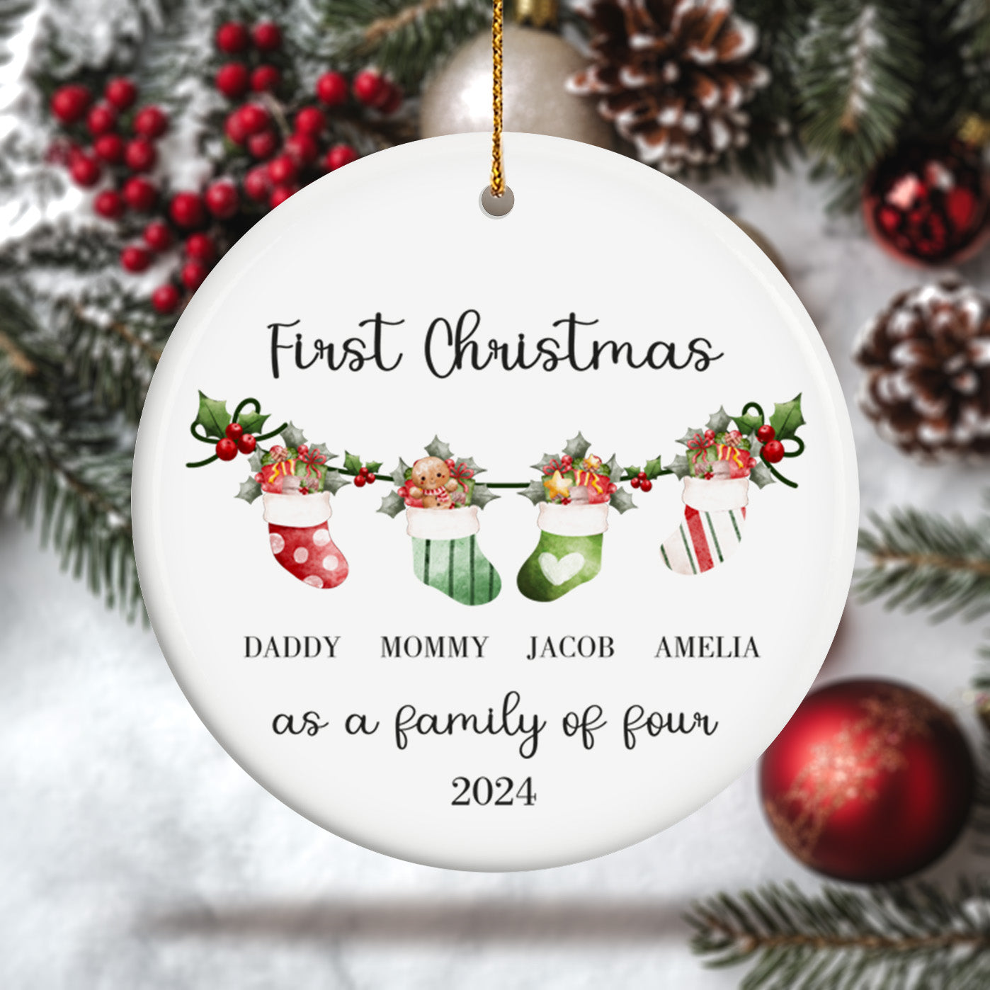 First Christmas as a Family of Four, Christmas Socks 2 - Personalized Ceramic Circle Ornament