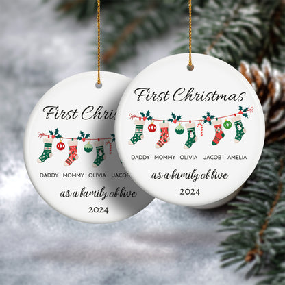 First Christmas as a Family of Five, Christmas Socks 1 - Personalized Ceramic Circle Ornament