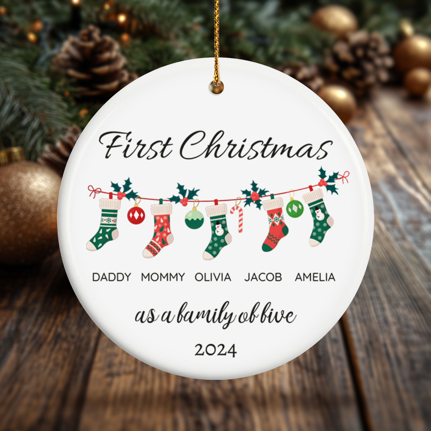 First Christmas as a Family of Five, Christmas Socks 1 - Personalized Ceramic Circle Ornament