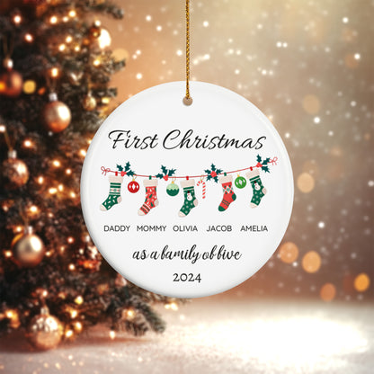 First Christmas as a Family of Five, Christmas Socks 1 - Personalized Ceramic Circle Ornament