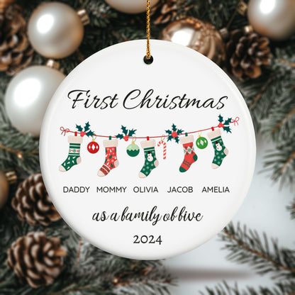 First Christmas as a Family of Five, Christmas Socks 1 - Personalized Ceramic Circle Ornament