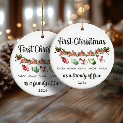 First Christmas as a Family of Five, Christmas Socks 3 - Personalized Ceramic Circle Ornament