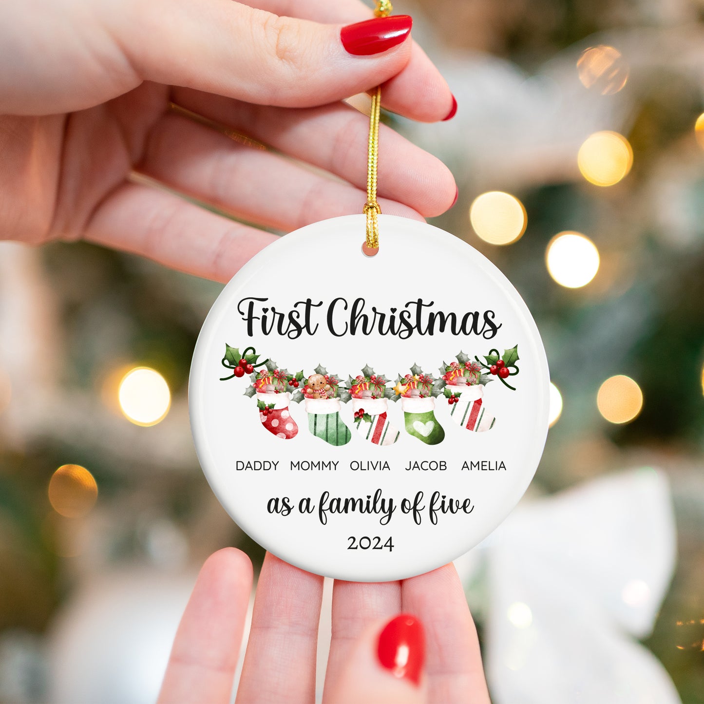 First Christmas as a Family of Five, Christmas Socks 3 - Personalized Ceramic Circle Ornament