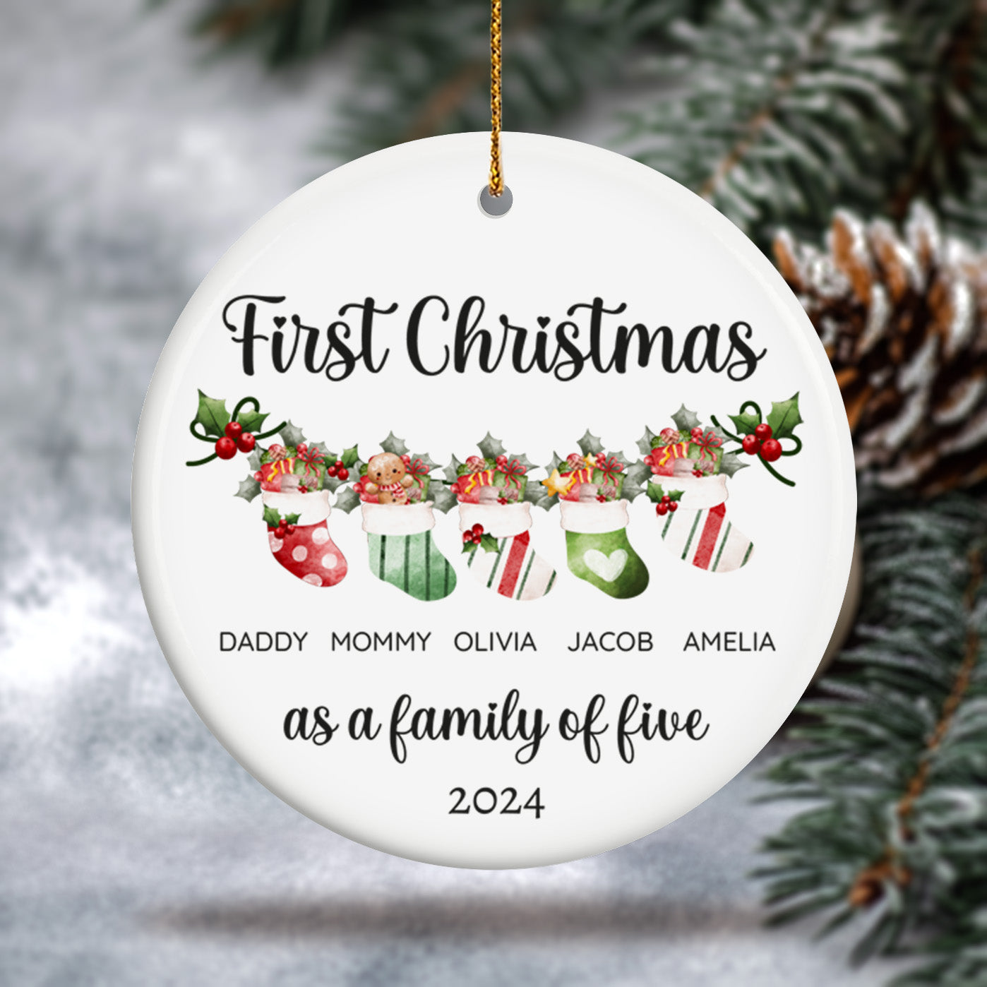 First Christmas as a Family of Five, Christmas Socks 3 - Personalized Ceramic Circle Ornament