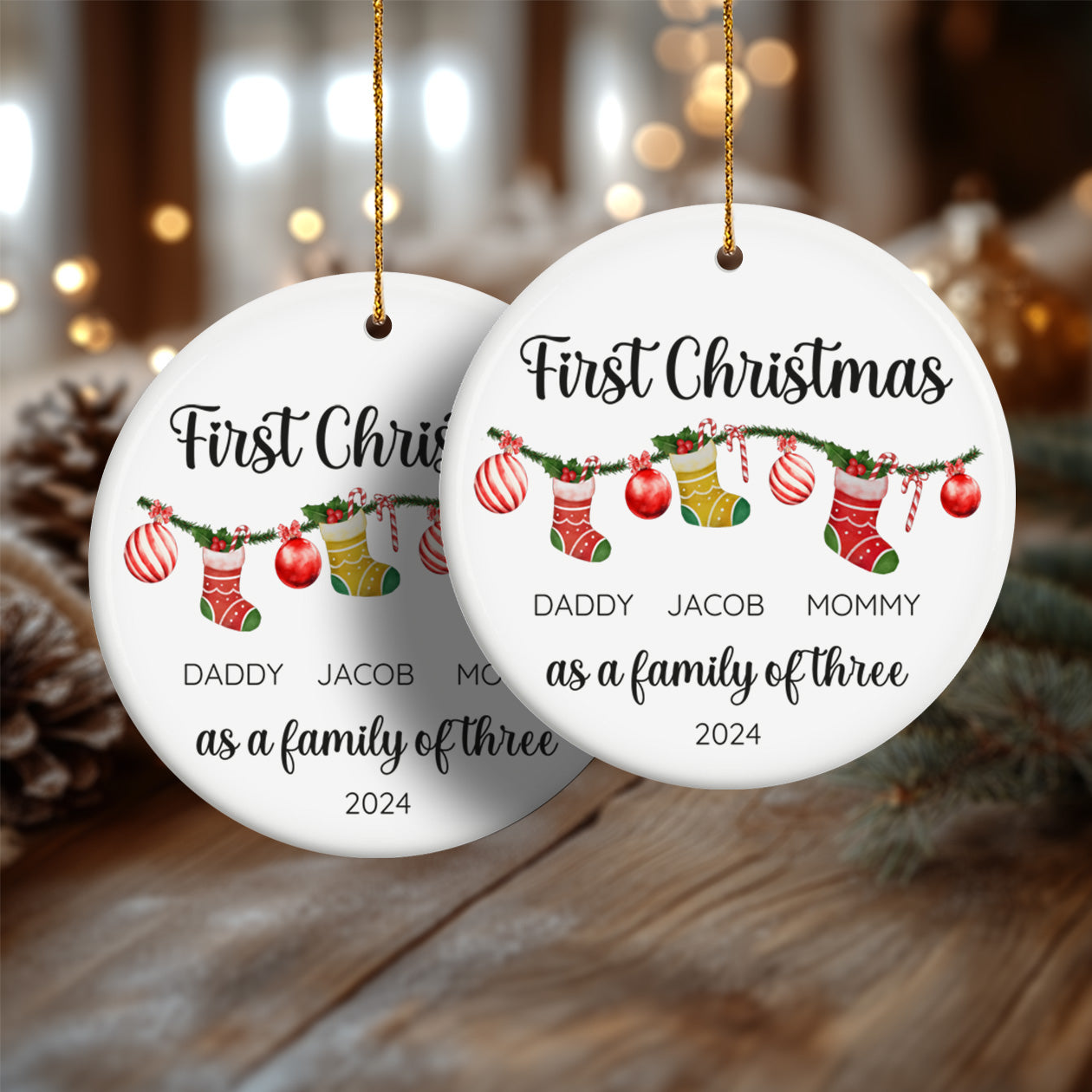 First Christmas as a Family of Three, Christmas Socks 4 - Personalized Ceramic Circle Ornament