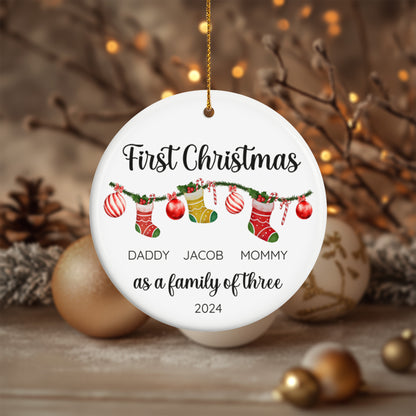 First Christmas as a Family of Three, Christmas Socks 4 - Personalized Ceramic Circle Ornament