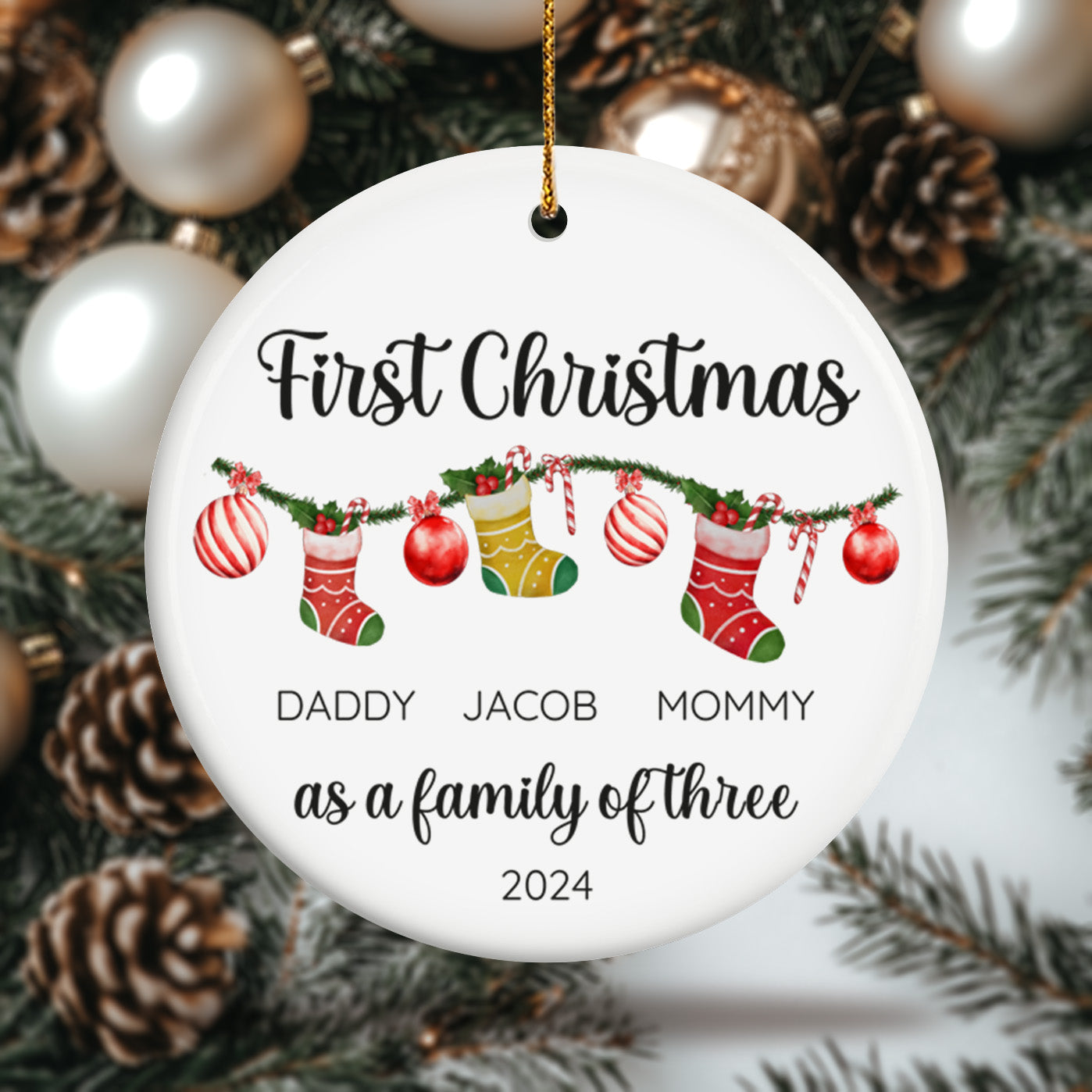 First Christmas as a Family of Three, Christmas Socks 4 - Personalized Ceramic Circle Ornament